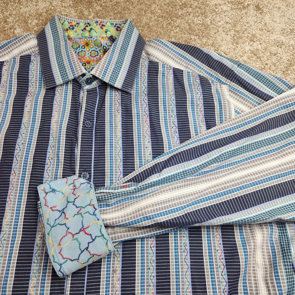 Robert Graham Mens XL Blue Striped Embroidered Long Sleeve Button Down Shirt